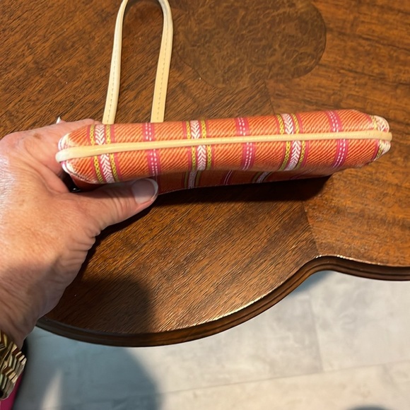Coach Vintage wristlet coated canvas stripe Orange pink sage white/tan leather - Picture 10 of 13